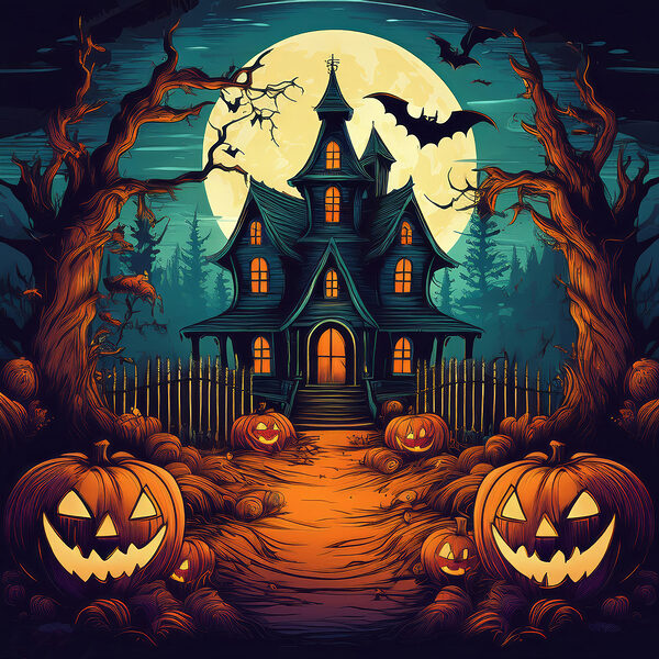 House with pumpkins and a fence in front of it