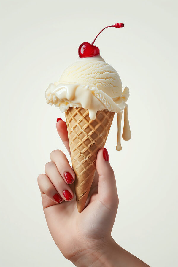 Hand holding an ice cream cone with a cherry on top