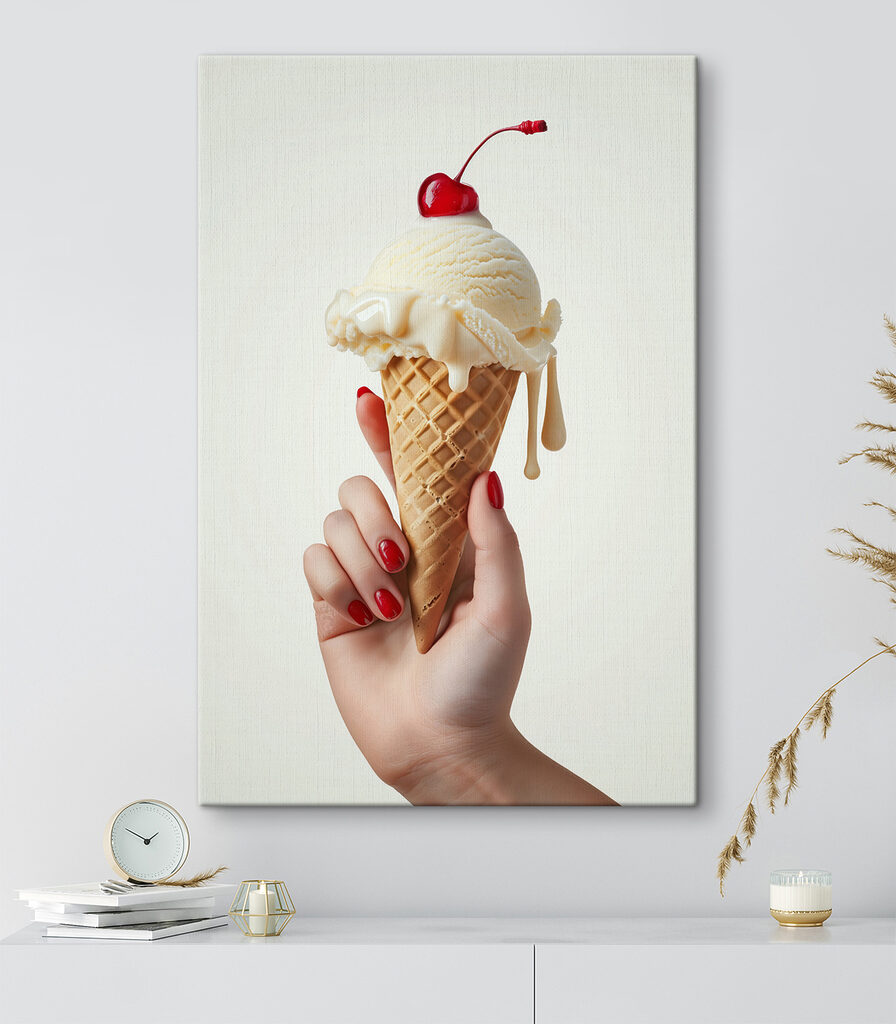 Hand holding an ice cream cone with a cherry on top