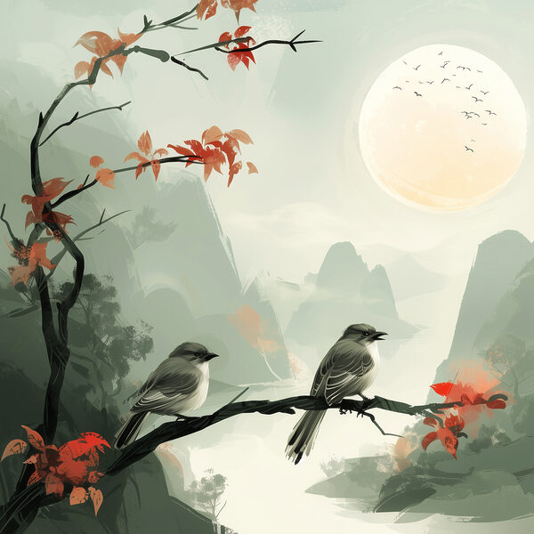 Birds on a branch with red leaves and a full moon Birds on a branch with red leaves and a full moon