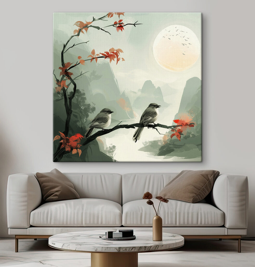 Birds on a branch with red leaves and a full moon Birds on a branch with red leaves and a full moon