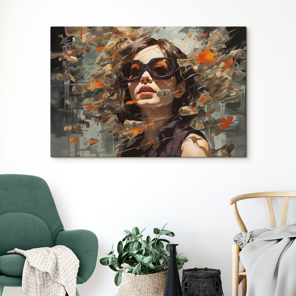 Woman wearing sunglasses and flying money Woman wearing sunglasses and flying money