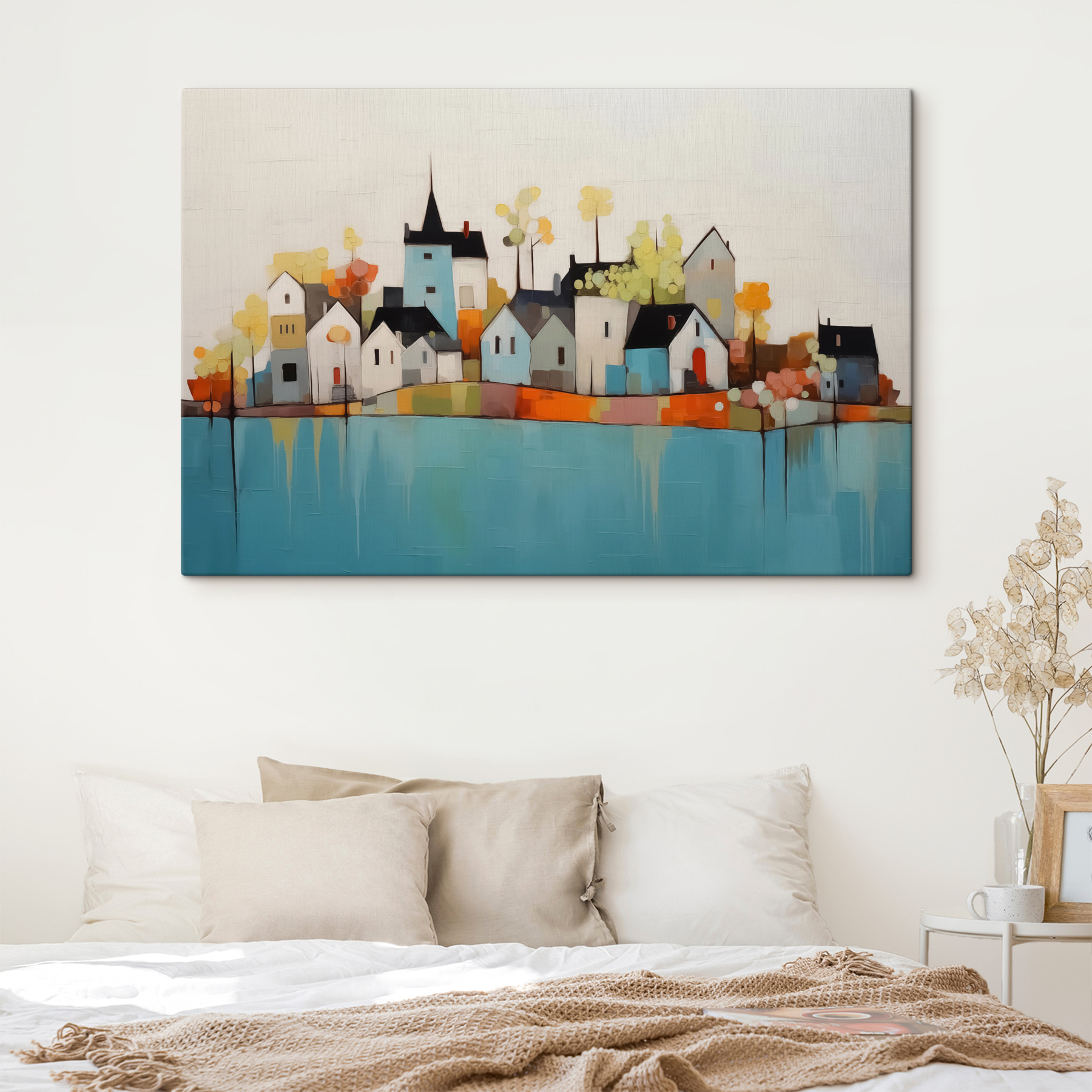 Painting of houses and trees