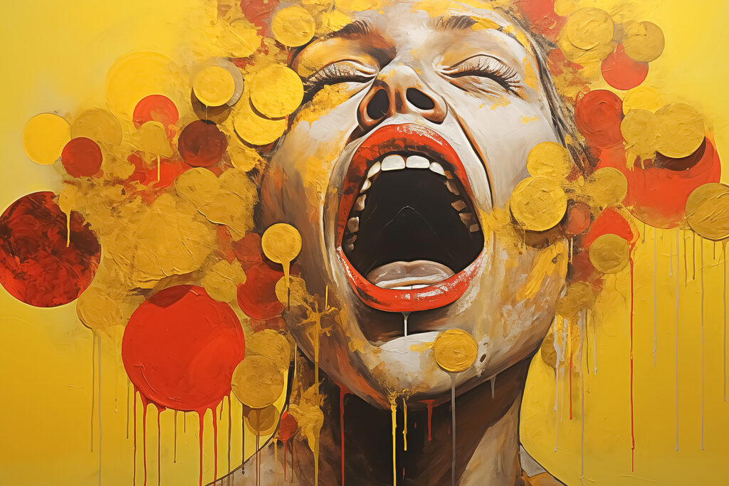 Painting of a woman with yellow and red paint dripping Painting of a woman with yellow and red paint dripping