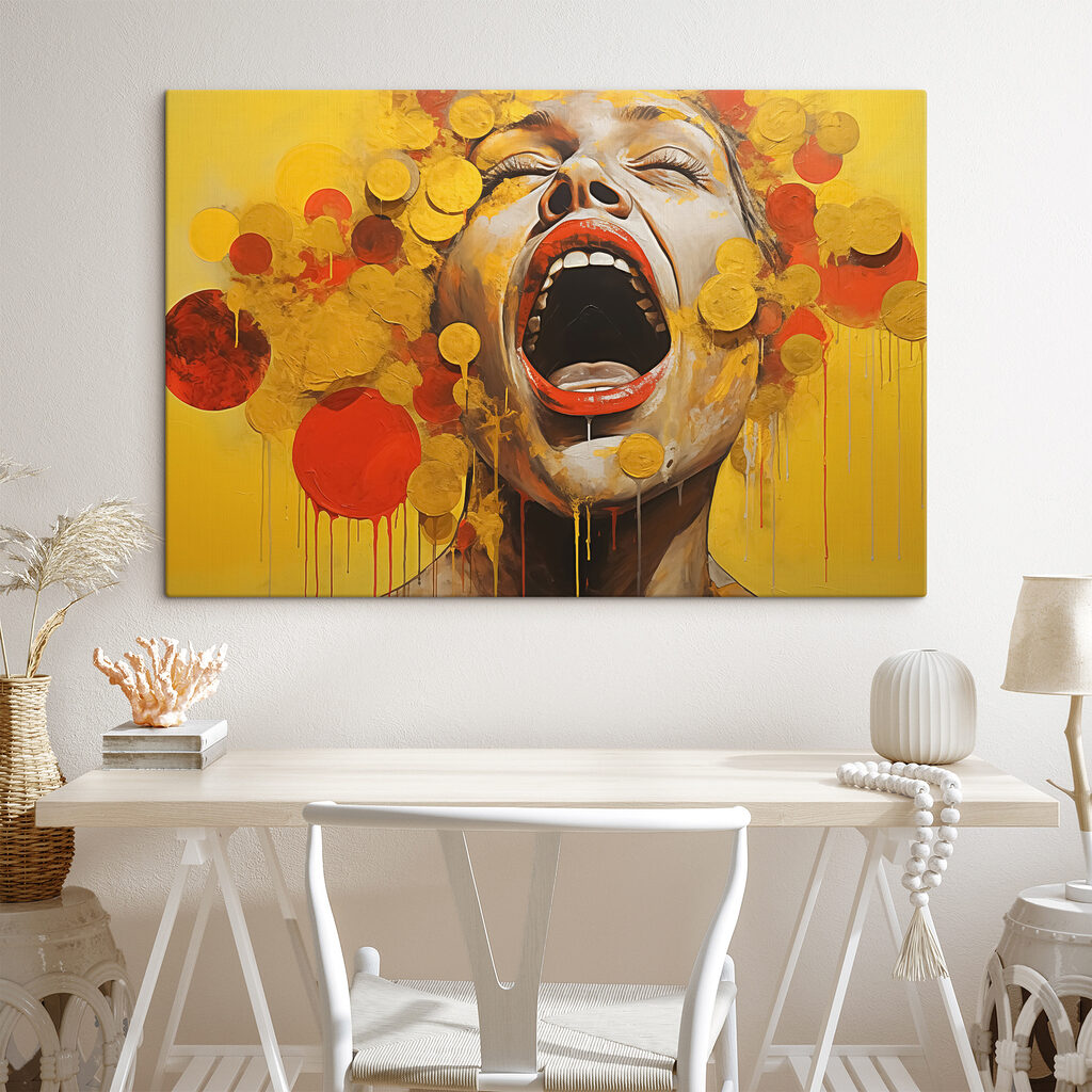 Painting of a woman with yellow and red paint dripping Painting of a woman with yellow and red paint dripping