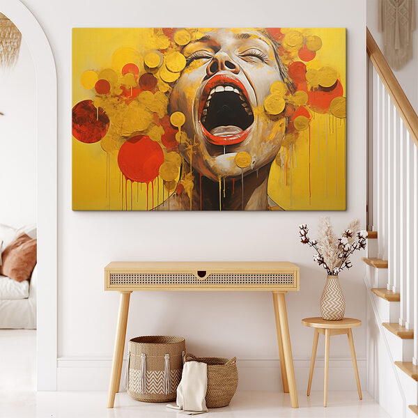 Painting of a woman with yellow and red paint dripping Painting of a woman with yellow and red paint dripping