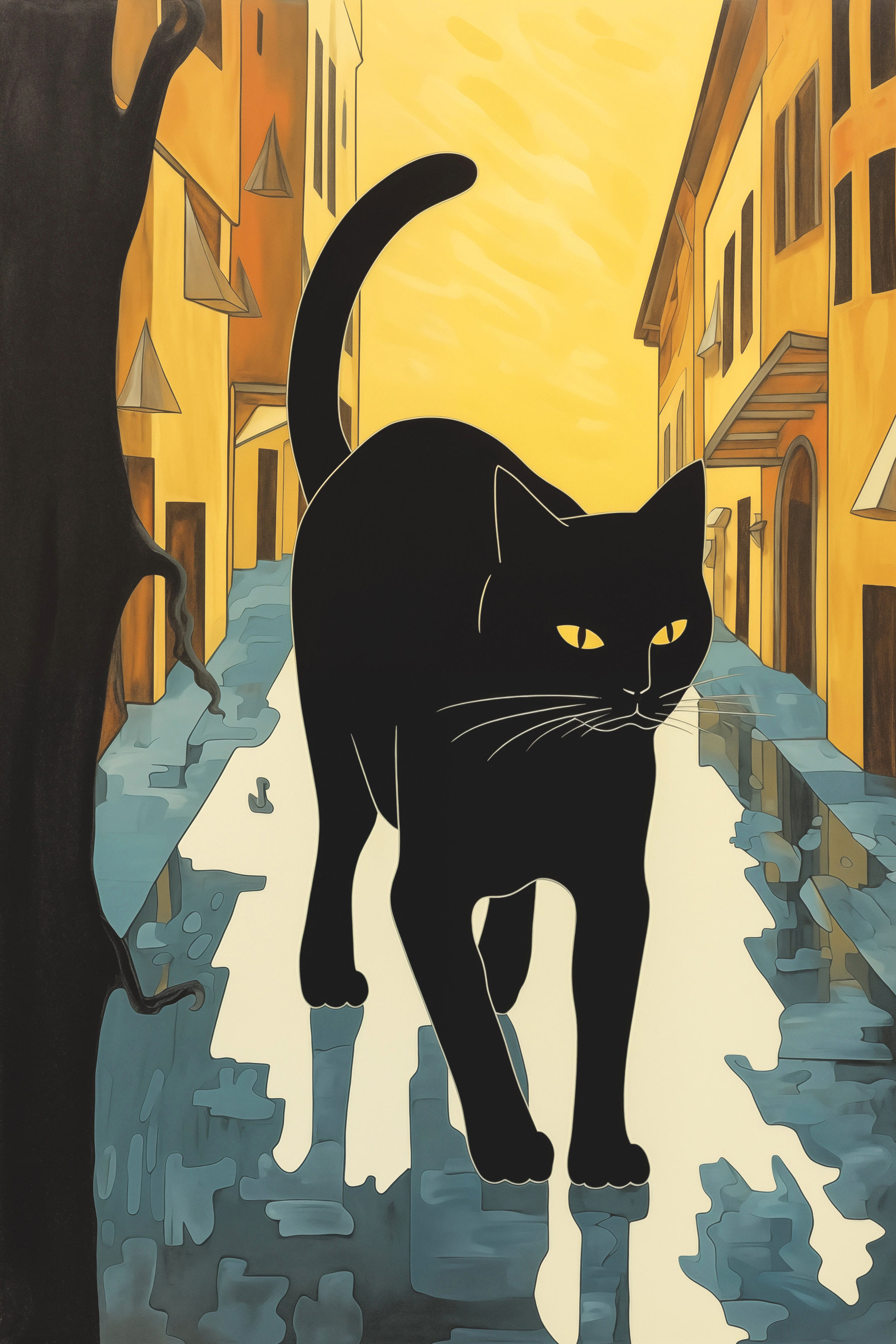 Black cat walking down a street