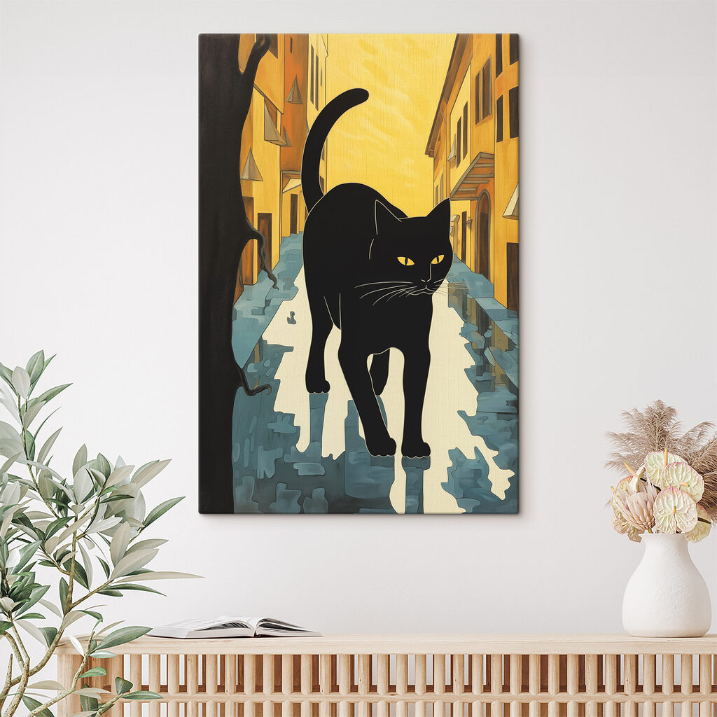 Black cat walking down a street