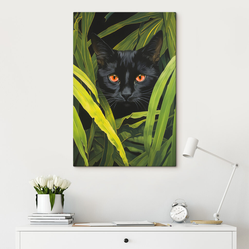 Black cat with orange eyes peeking through tall green plants Black cat with orange eyes peeking through tall green plants