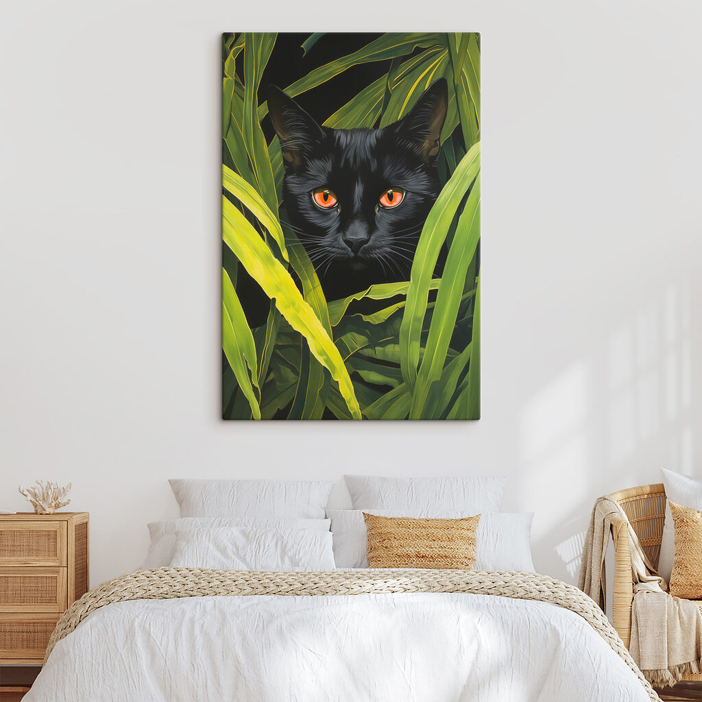 Black cat with orange eyes peeking through tall green plants Black cat with orange eyes peeking through tall green plants