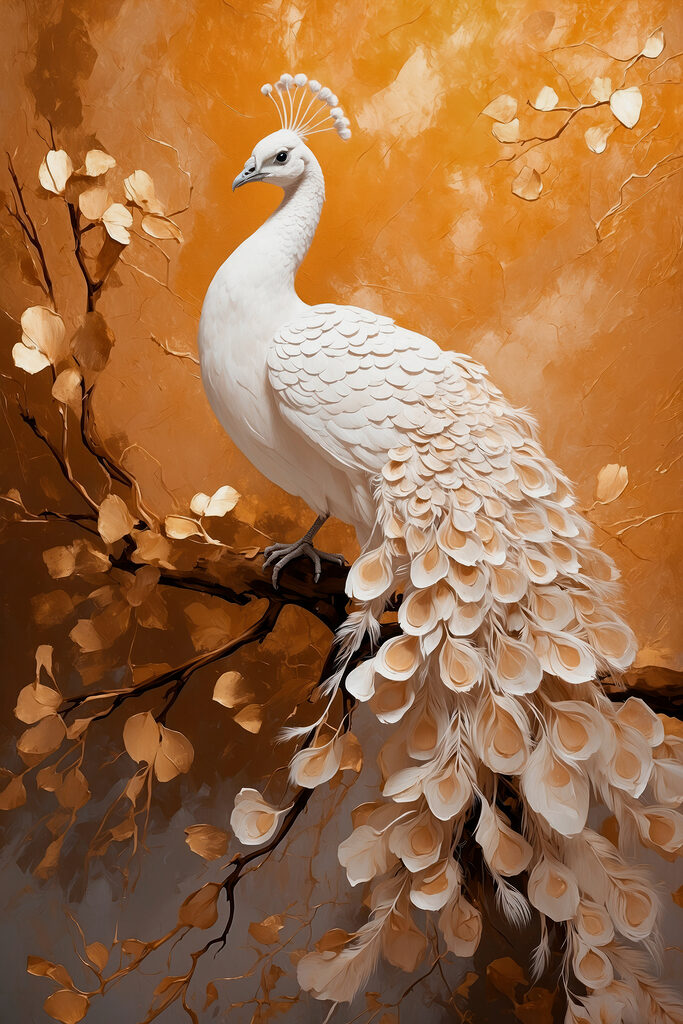 White peacock with feathers on a branch White peacock with feathers on a branch