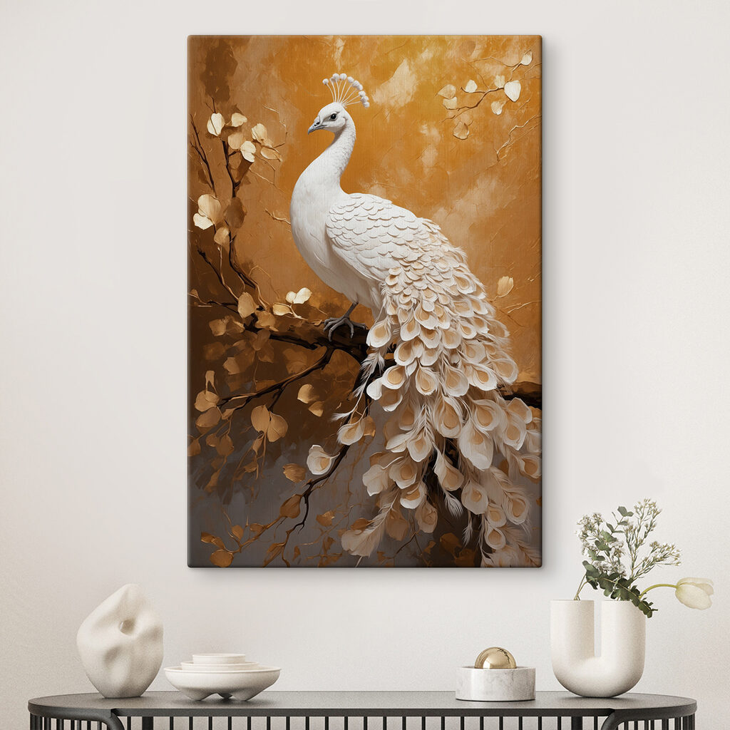 White peacock with feathers on a branch White peacock with feathers on a branch