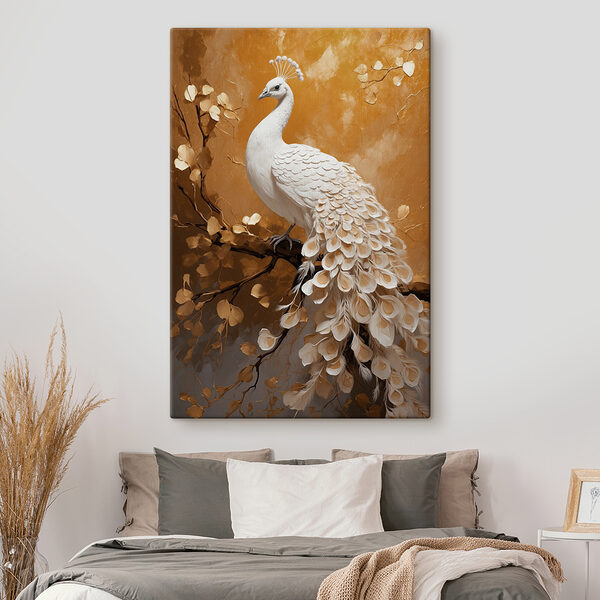 White peacock with feathers on a branch White peacock with feathers on a branch