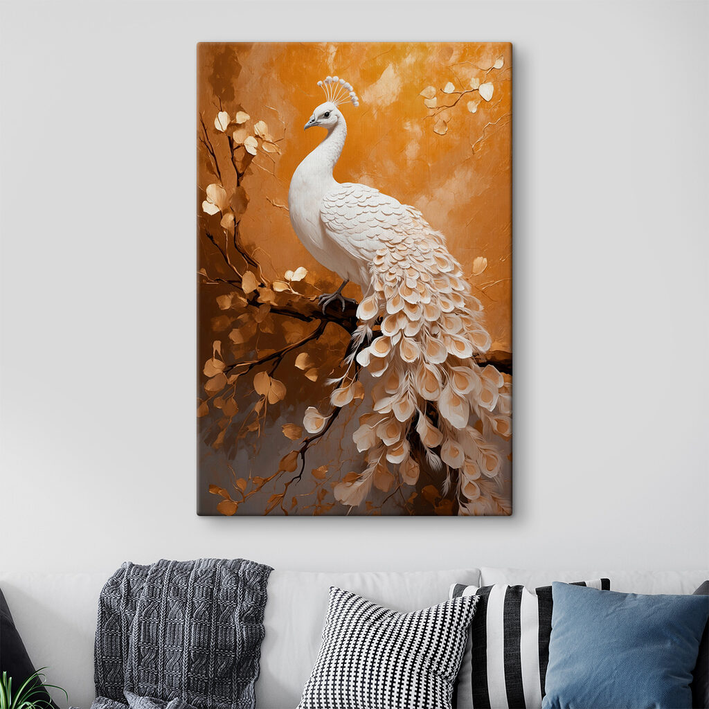 White peacock with feathers on a branch White peacock with feathers on a branch