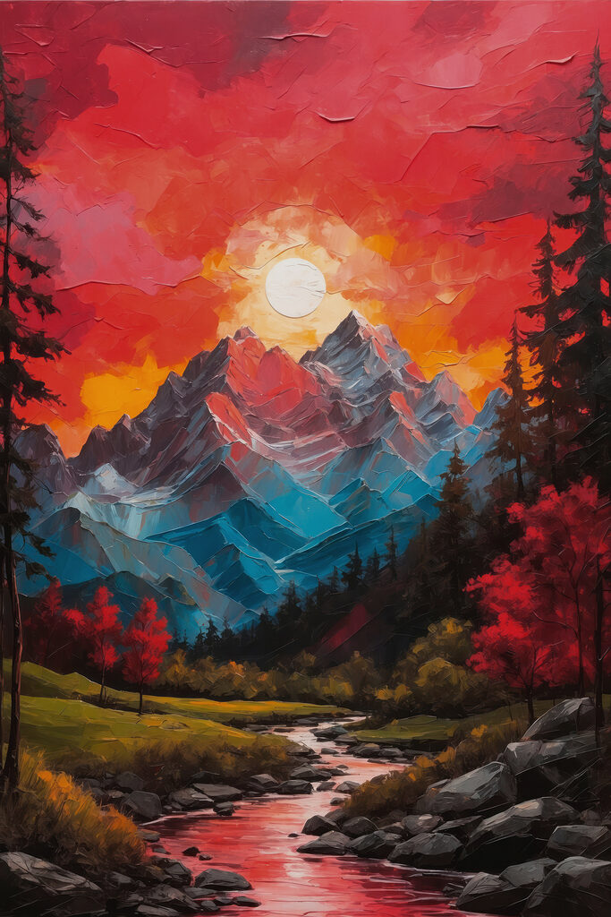 Painting of a mountain range with trees and a river