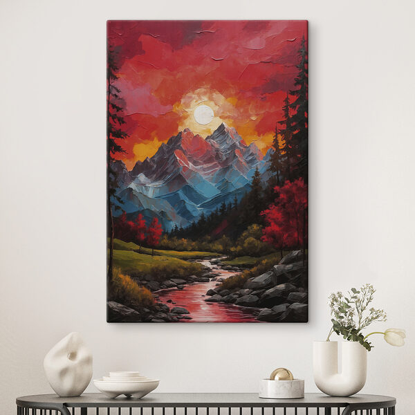 Painting of a mountain range with trees and a river