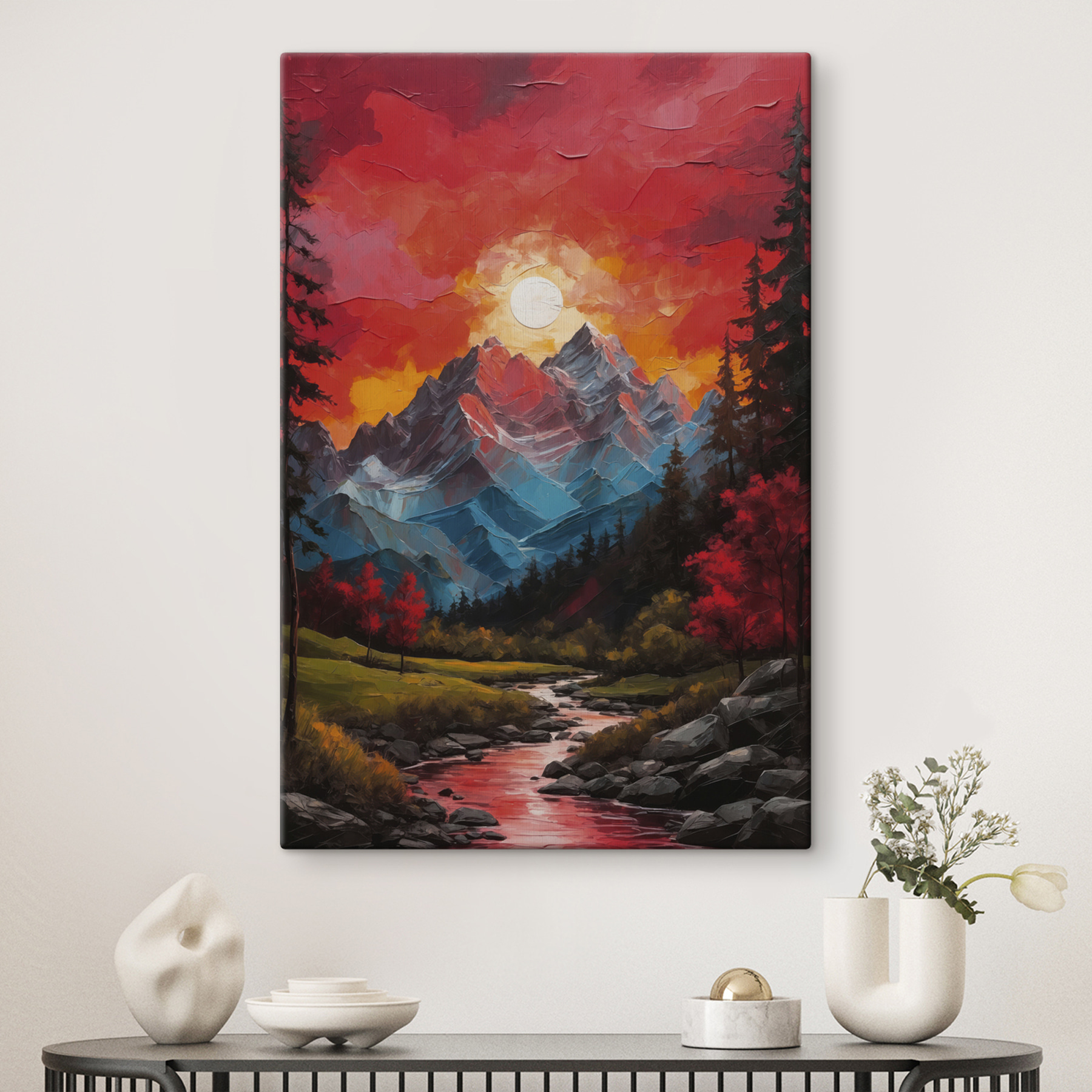 Painting of a mountain range with trees and a river