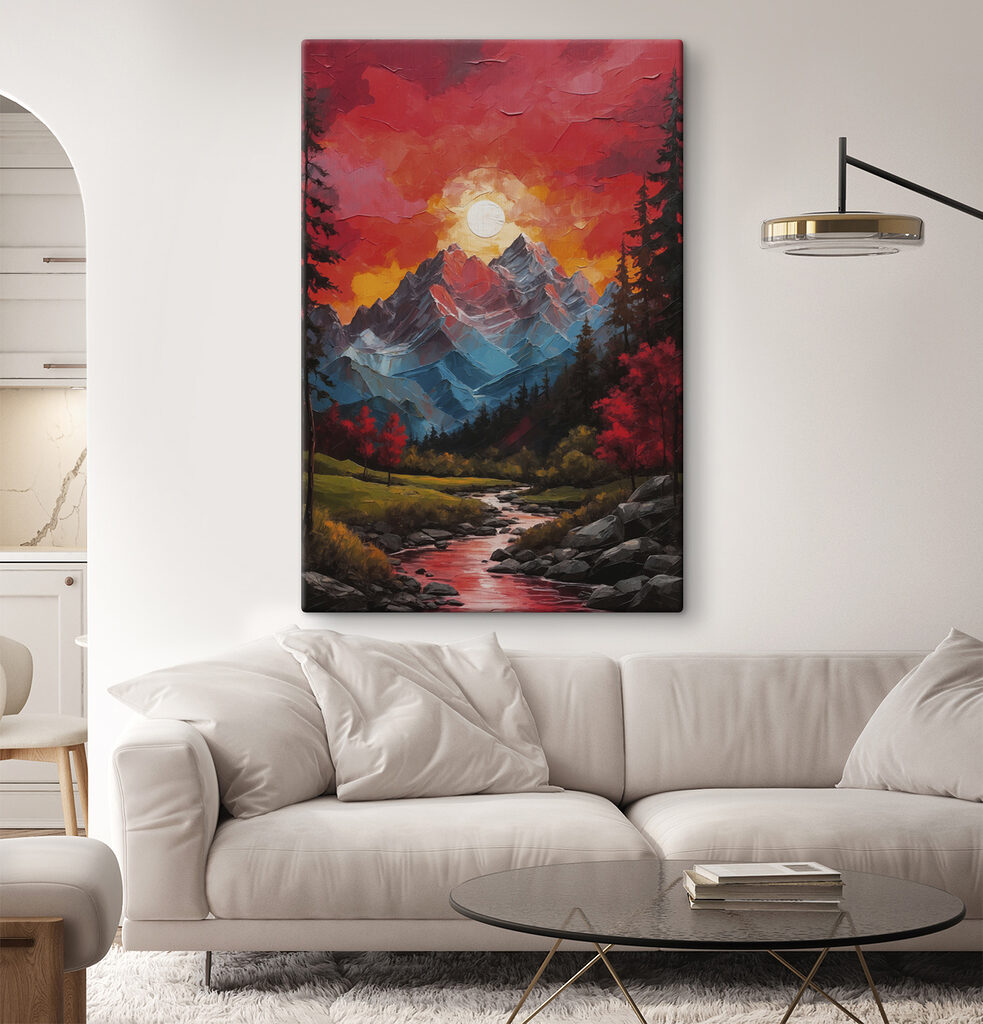 Painting of a mountain range with trees and a river