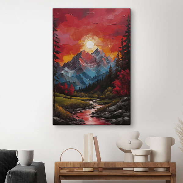 Painting of a mountain range with trees and a river