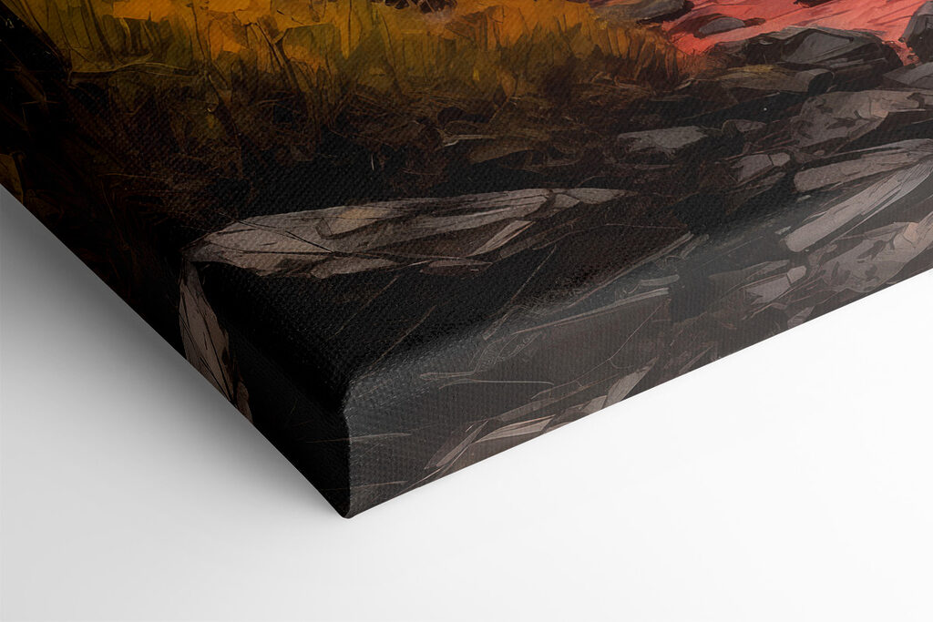 Painting of a mountain range with trees and a river