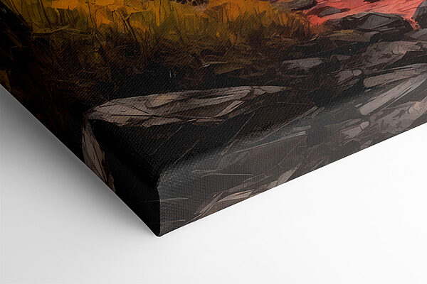 Painting of a mountain range with trees and a river