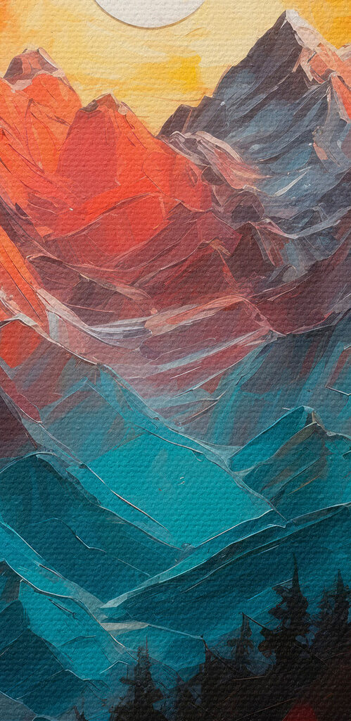 Painting of a mountain range with trees and a river