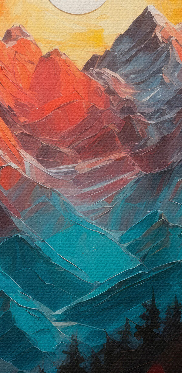 Painting of a mountain range with trees and a river