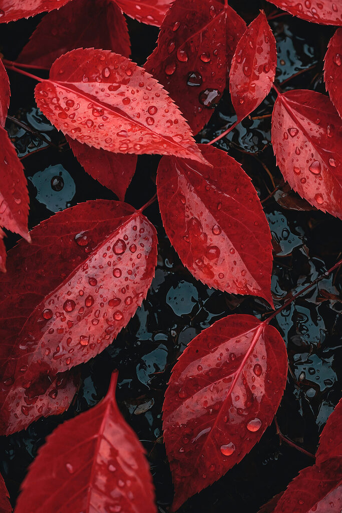 Red leaves with water droplets on them Red leaves with water droplets on them
