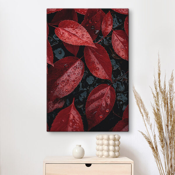 Red leaves with water droplets on them Red leaves with water droplets on them