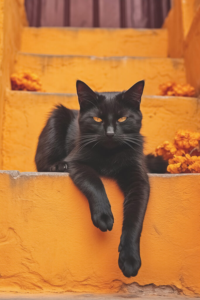 Black cat lying on a staircase Black cat lying on a staircase