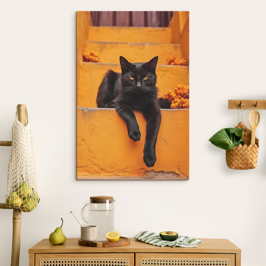 Black cat lying on a staircase Black cat lying on a staircase