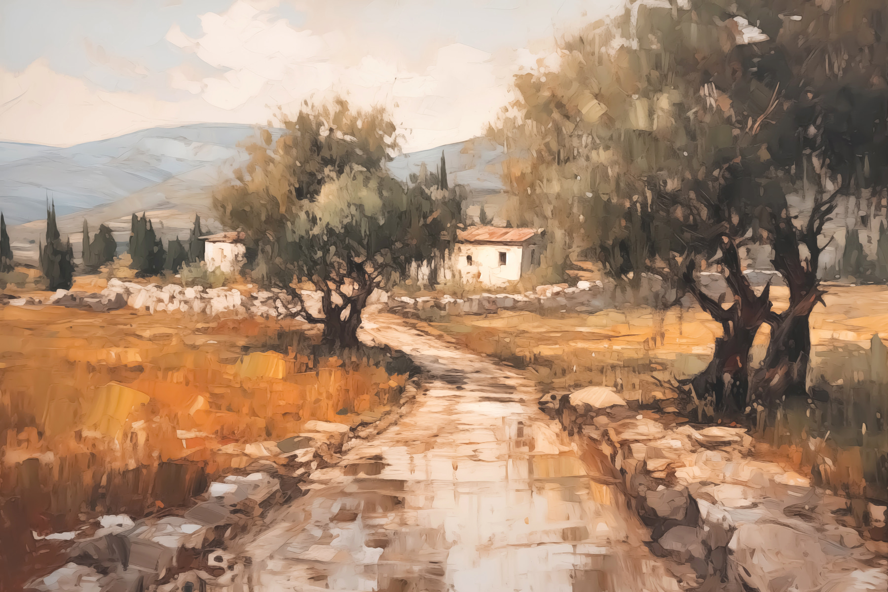 Painting of a road with trees and a house in the background