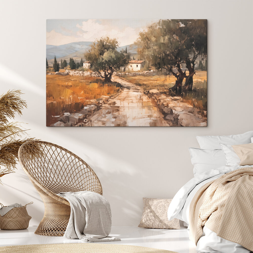 Painting of a road with trees and a house in the background