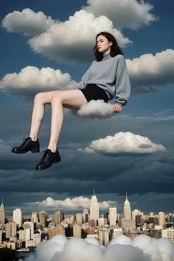 Woman sitting on a cloud in the sky Woman sitting on a cloud in the sky