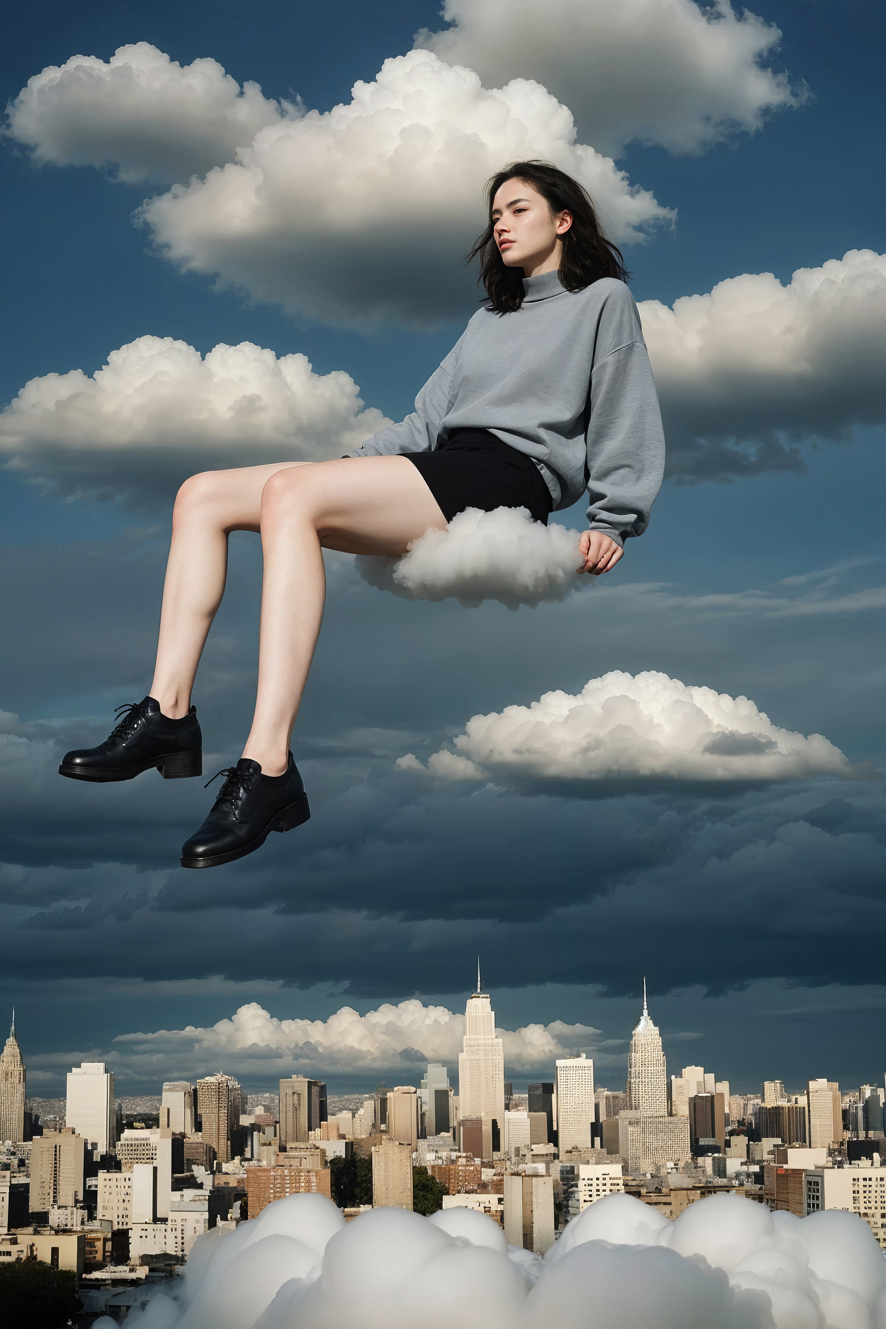 Woman sitting on a cloud in the sky Woman sitting on a cloud in the sky