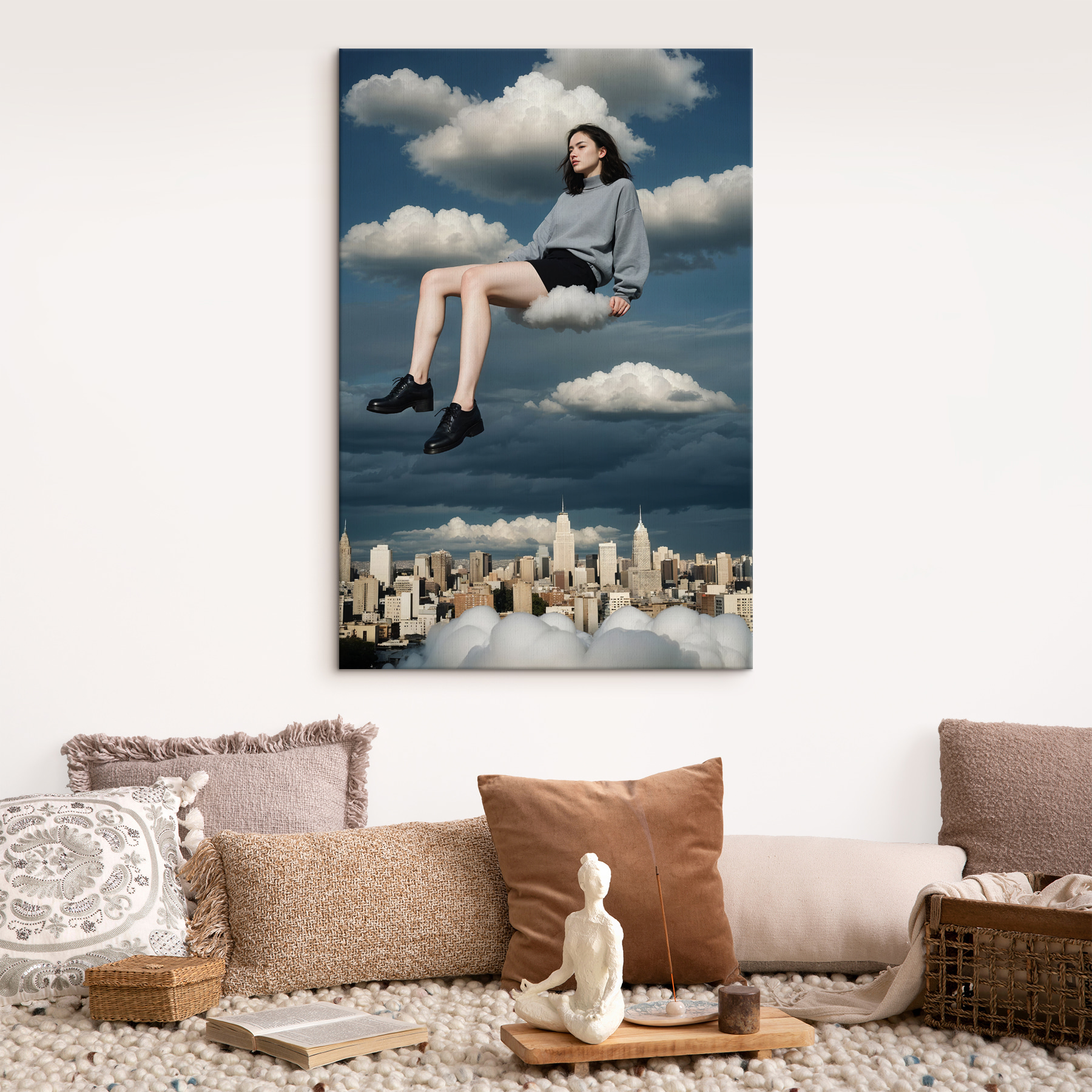Woman sitting on a cloud in the sky Woman sitting on a cloud in the sky