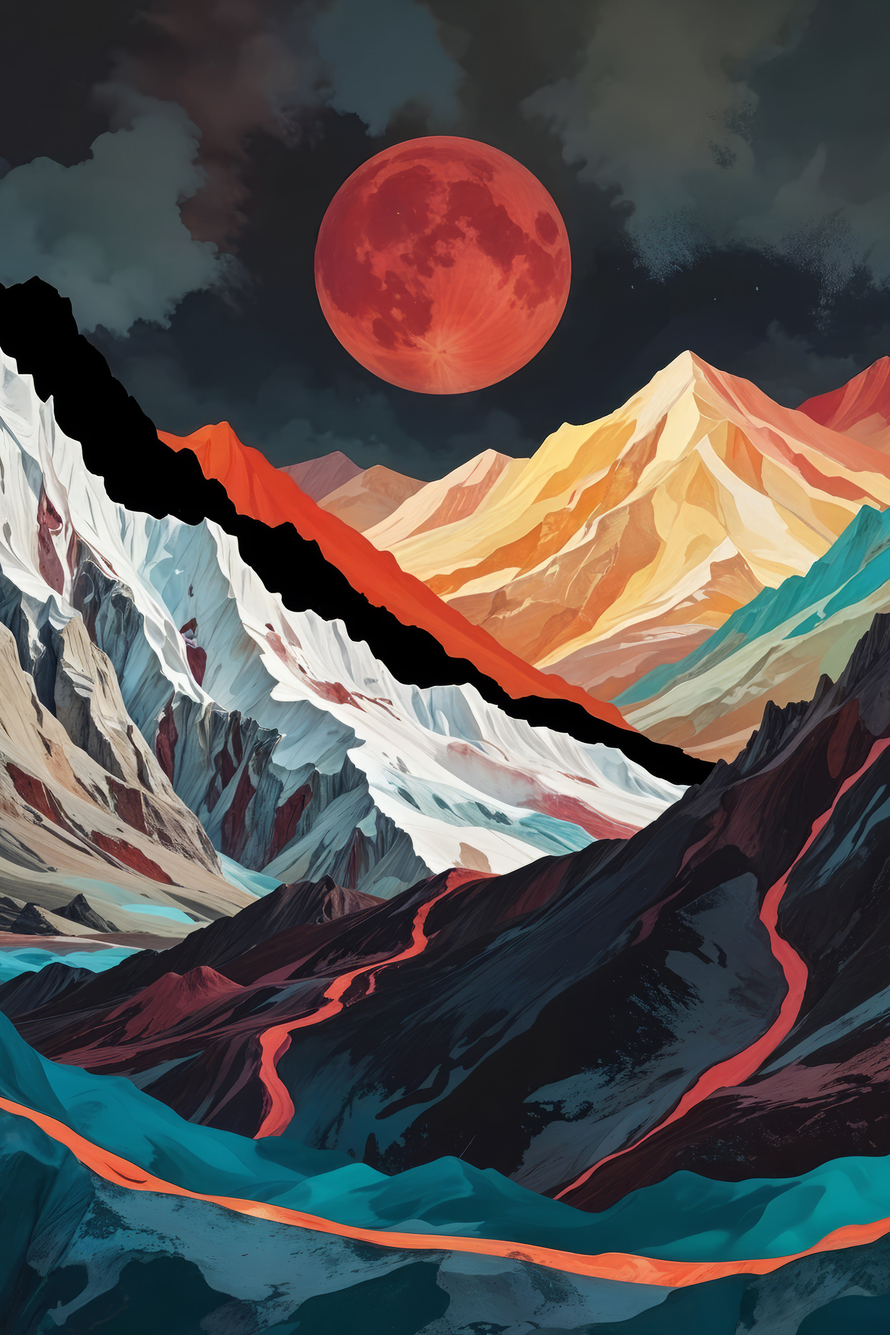 Mountain range with a red moon Mountain range with a red moon