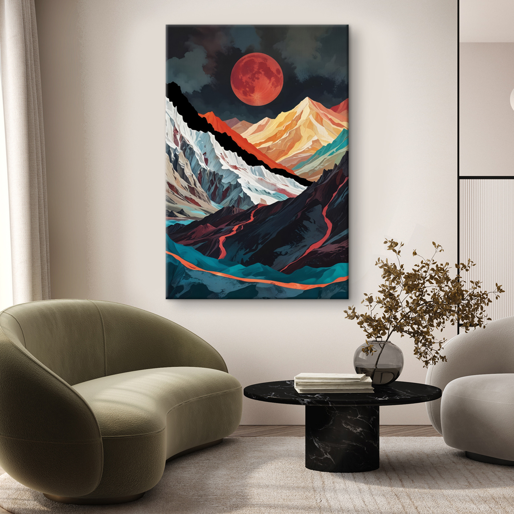 Mountain range with a red moon Mountain range with a red moon