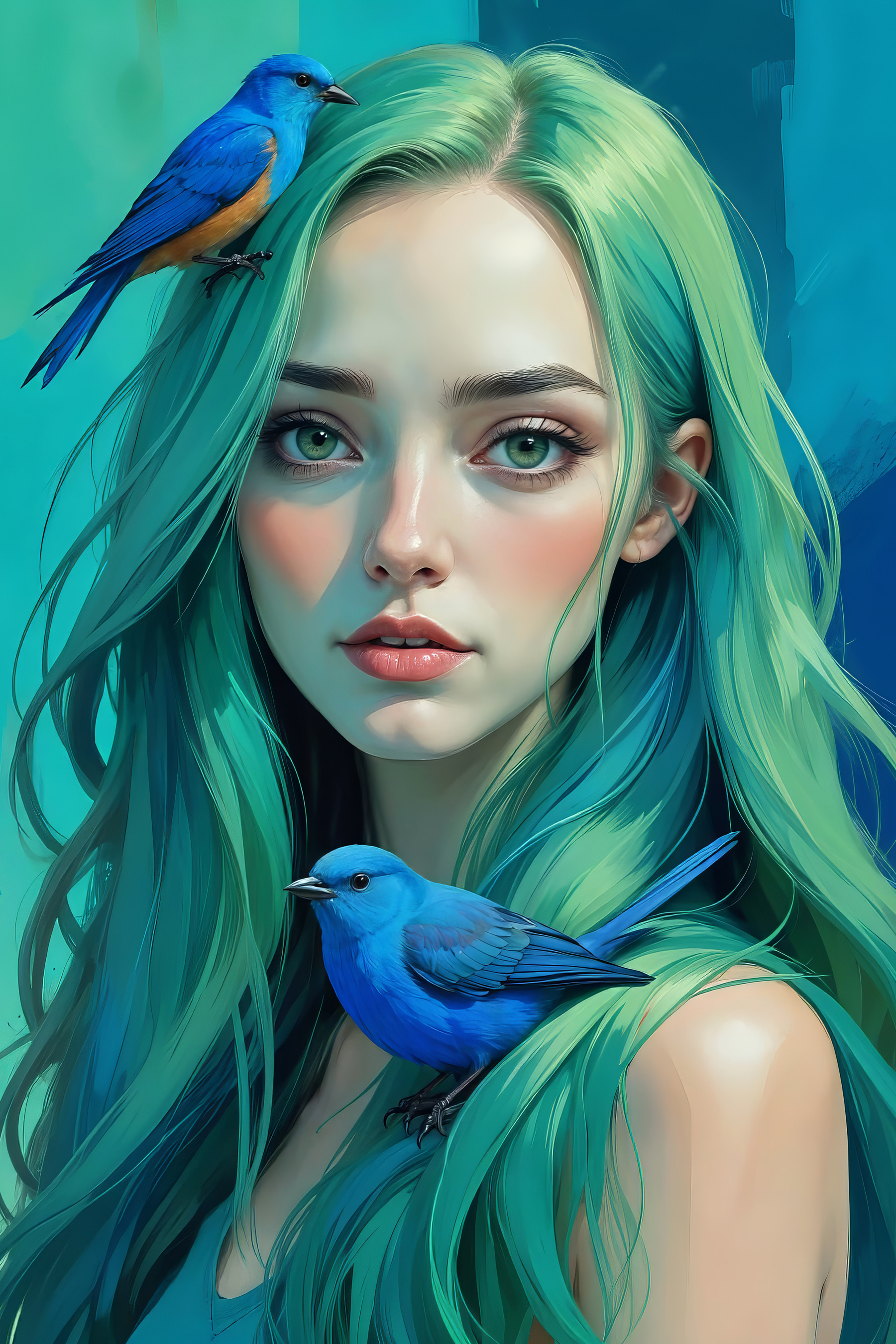 Woman with green hair and a blue bird Woman with green hair and a blue bird