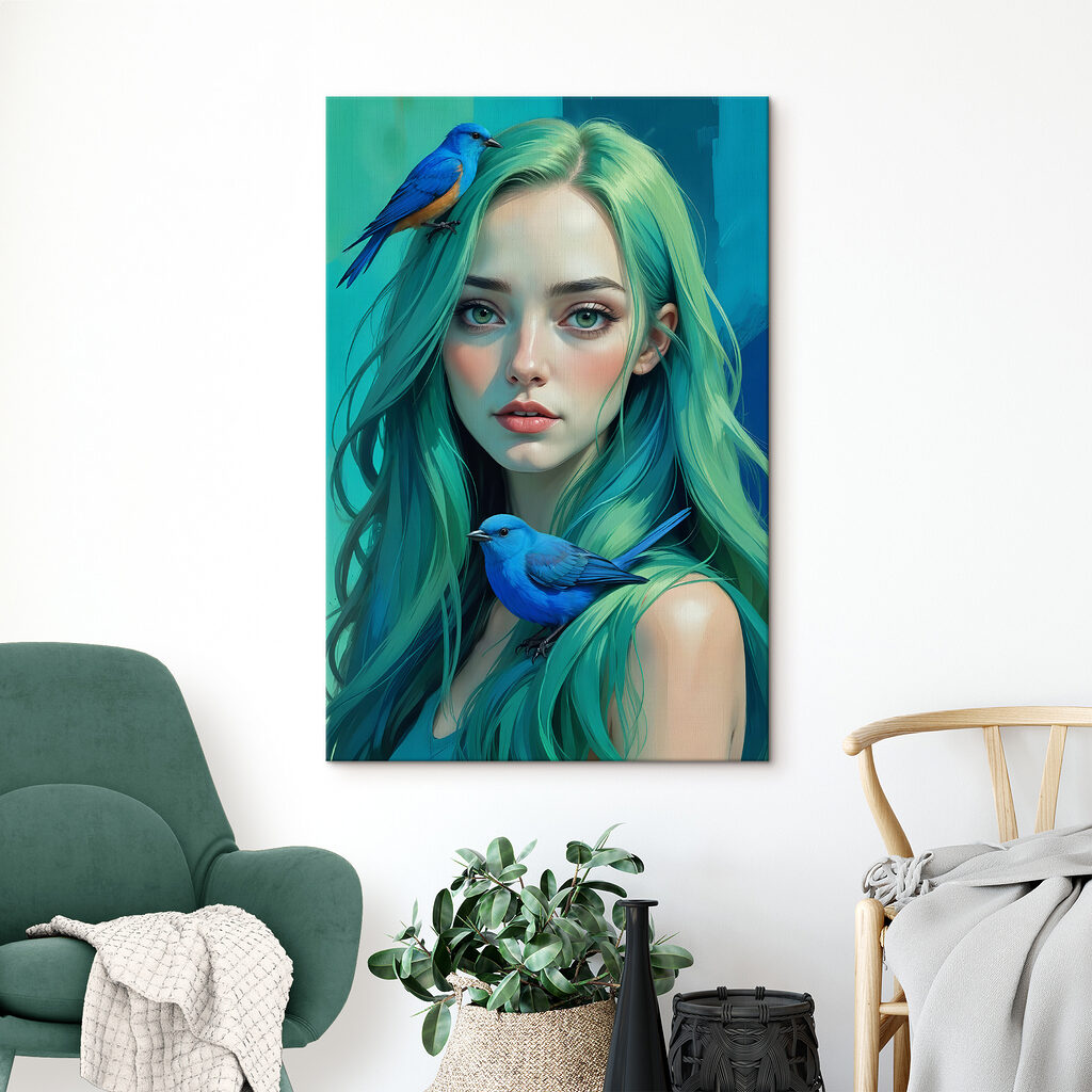 Woman with green hair and a blue bird Woman with green hair and a blue bird