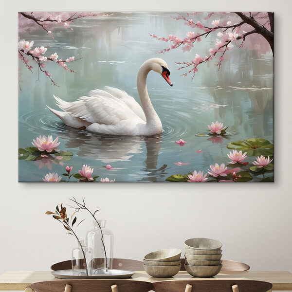 Quadri Quadri Cigno bianco nell'acqua con fiori rosa (COD: s40597)