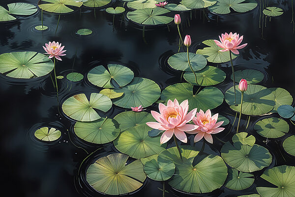 Group of pink flowers and green leaves in a pond Group of pink flowers and green leaves in a pond