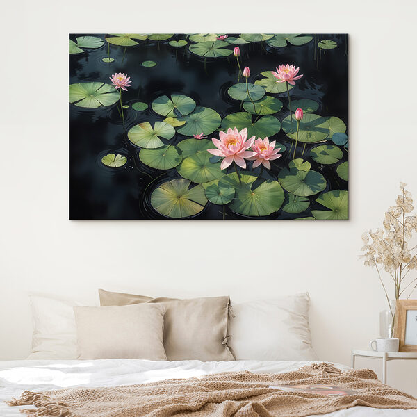 Quadri Quadri Composizione di fiori rosa e foglie verdi in uno stagno (COD: s40598)