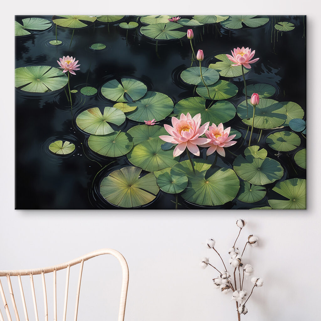 Group of pink flowers and green leaves in a pond Group of pink flowers and green leaves in a pond