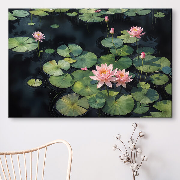 Group of pink flowers and green leaves in a pond Group of pink flowers and green leaves in a pond