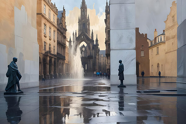 Fountain in a courtyard with a statue in the middle