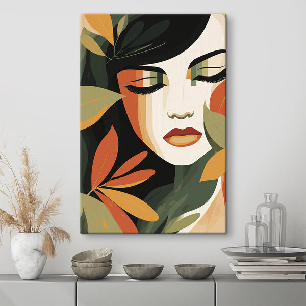 Woman with eyes closed and leaves around her face Woman with eyes closed and leaves around her face