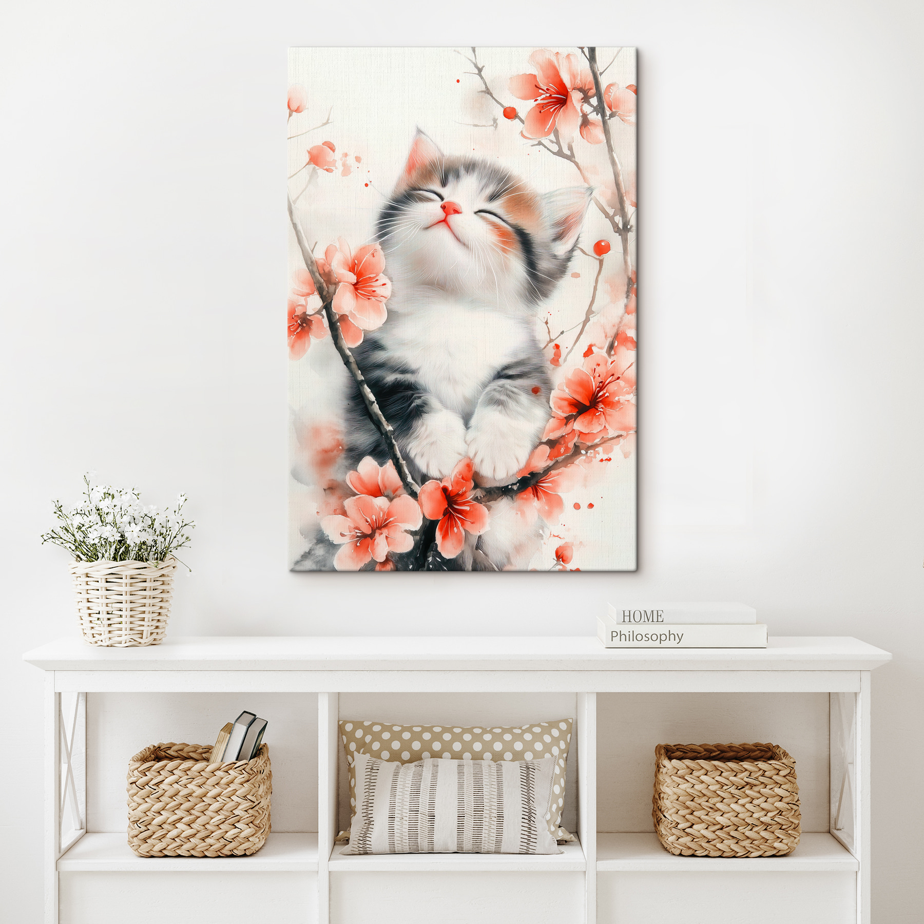 Cat sitting on a tree with flowers Cat sitting on a tree with flowers