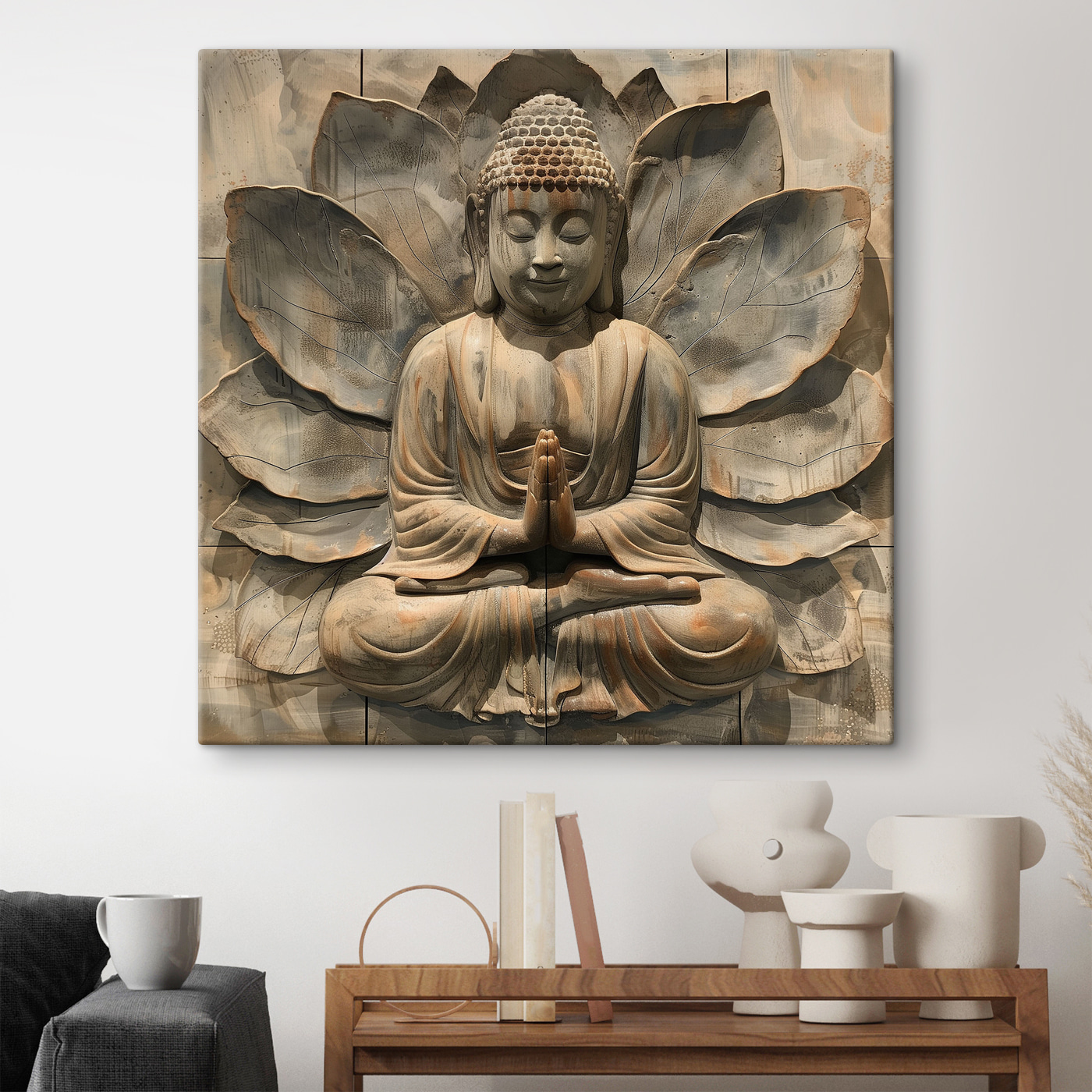Stone statue of a person sitting in a lotus pose
