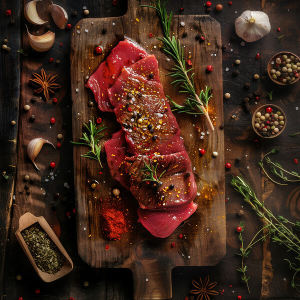 Meat on a cutting board with spices and herbs Meat on a cutting board with spices and herbs